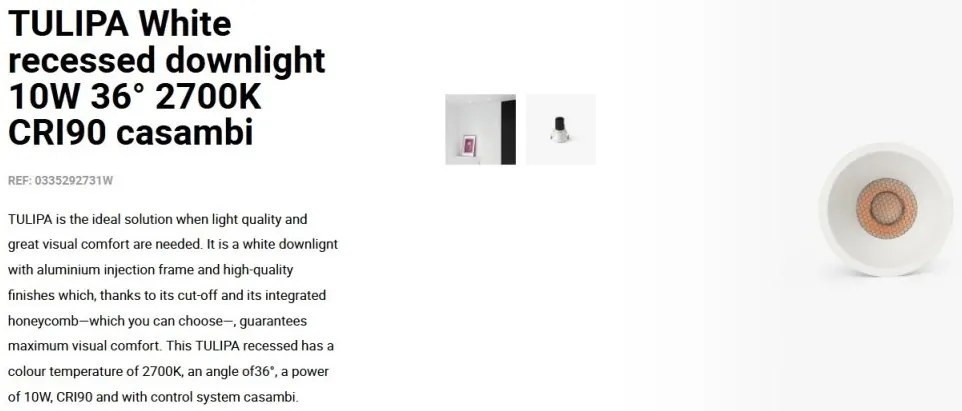 Spot LED incastrabil TULIPA White recessed downlight 10W 36° 2700K CRI90 casambi