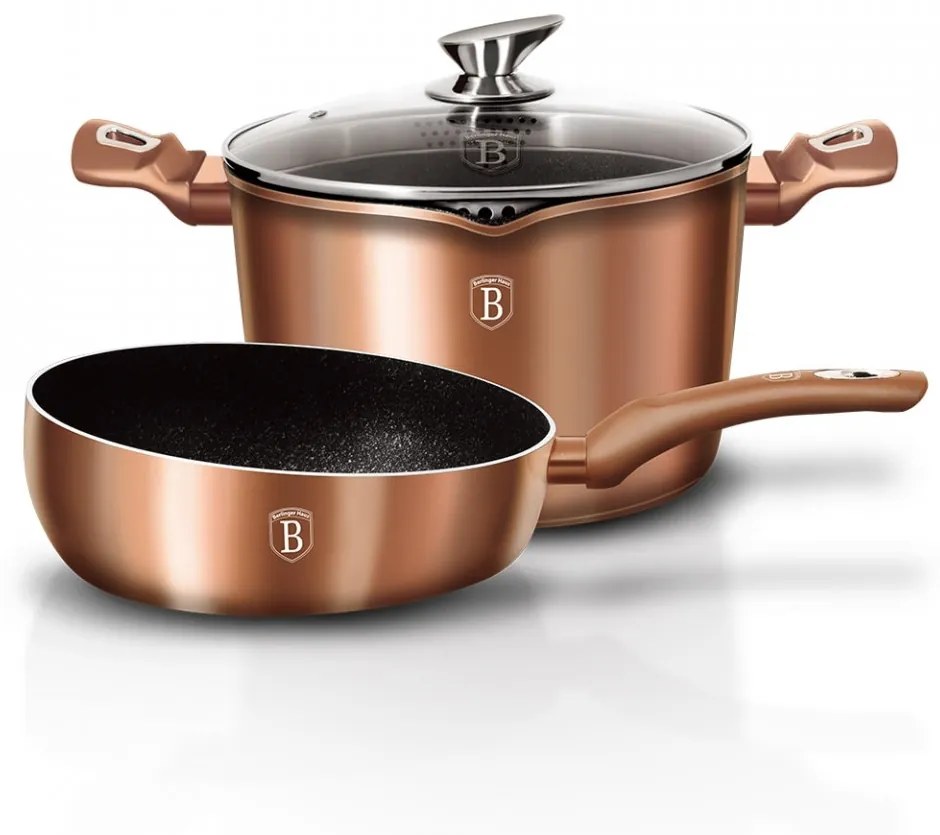 Set oala cu capac pentru paste si orez si tigaie de sotat marmorate (3 piese) din aluminiu forjat Rose Gold (Cupru) Metalic Line Berlinger Haus BH 1842N