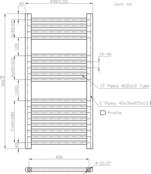 Novaservis - Radiator de baie tip scară 365W/230V 90x45 cm alb drept