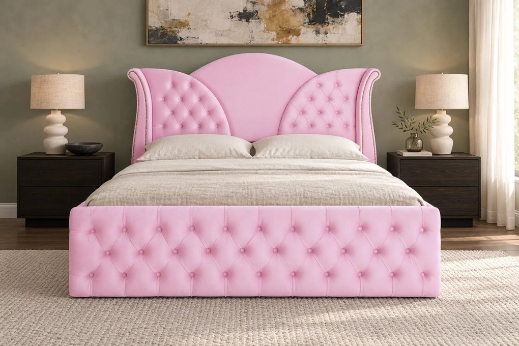 Pat tapițat Chesterfield din catifea Velora Deluxe Classic 140×200 cm, roz, cu ladă de depozitare
