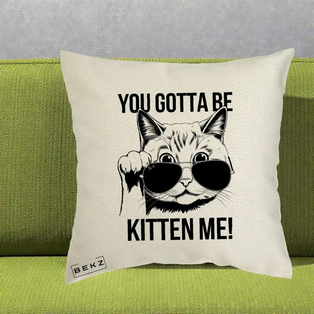 Perna Decorativa You Gotta Be Kitten Me!, 40x40 cm, Ecru, Husa Detasabila, Perna Inclusa, BEKZ®