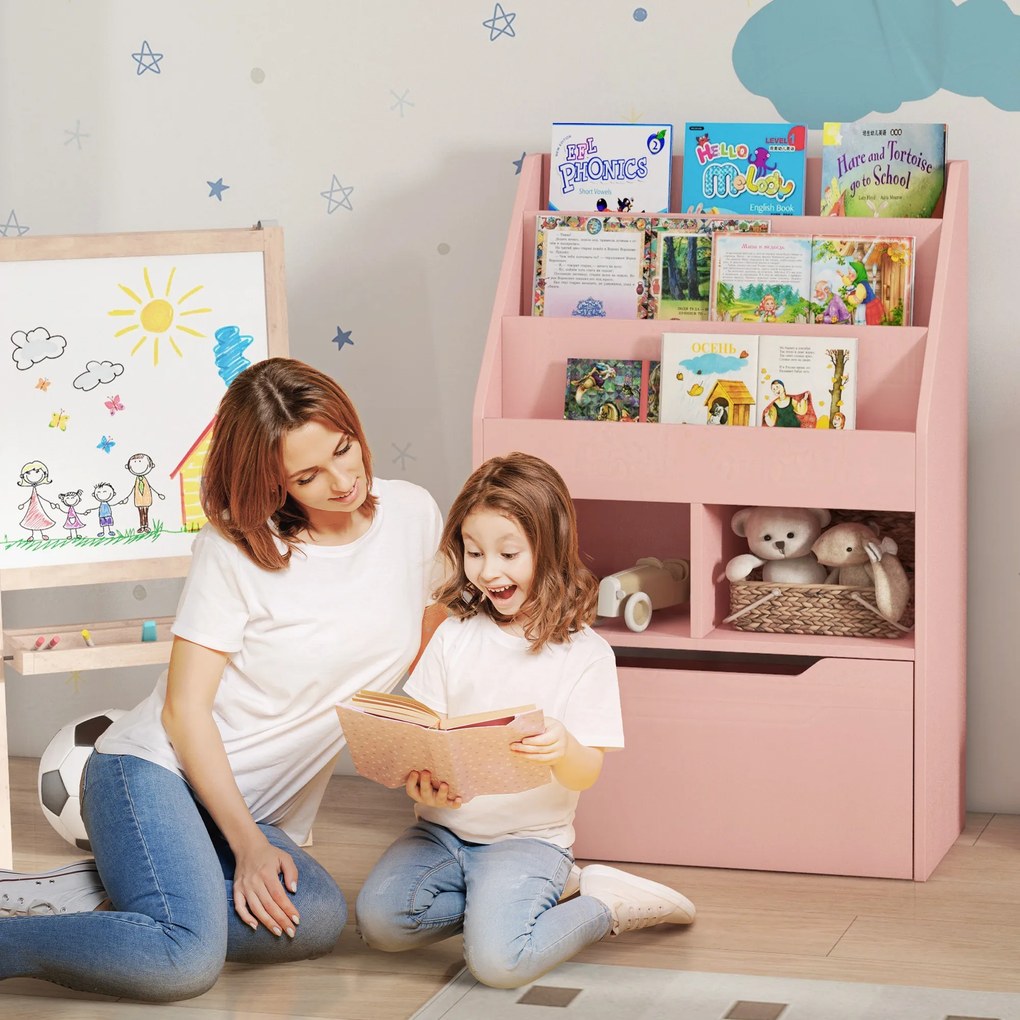 HOMCOM Raft pentru copii cu sertar, bibliotecă cu rafturi, 60 x 29,9 x 90 cm, Roz | Aosom Romania