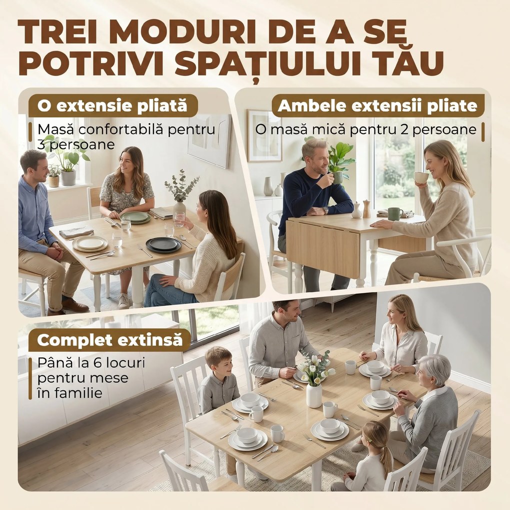 HOMCOM Masă Pliabilă pentru 2-6 Persoane, Extensibilă, Efect de Lemn, Finisaj Natural | Aosom Romania