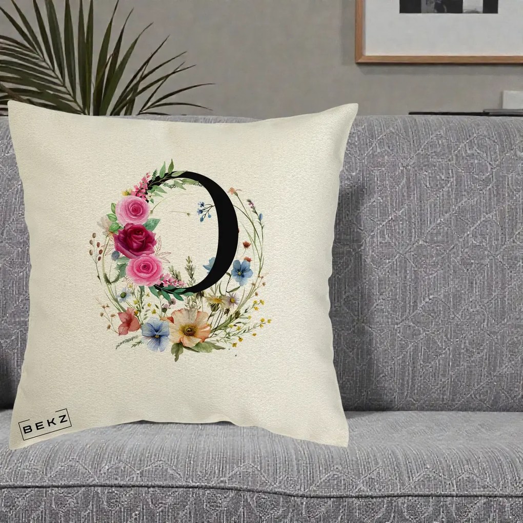 Cadou Personalizat - Perna Personalizata Monogram Litera O cu Flori Acuarela, 40x40 cm, Ecru, Husa Detasabila, Perna Inclusa, BEKZ®