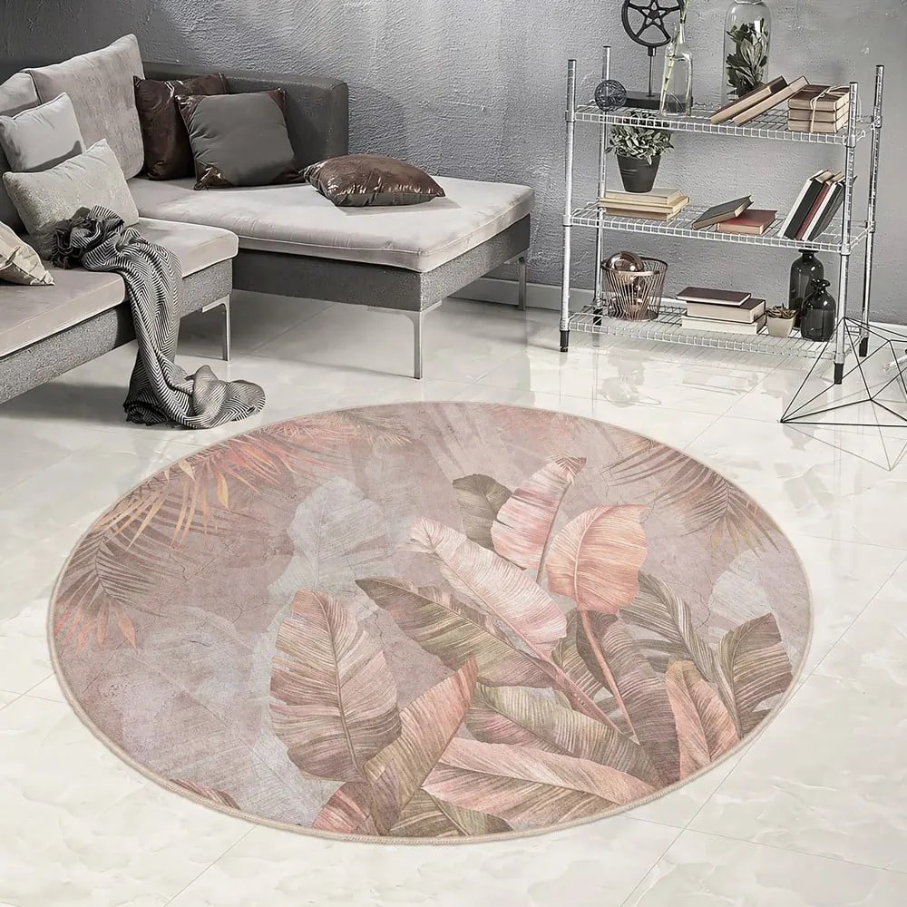 Covor roz deschis lavabil rotund ø 100 cm Dusty Leaves – Mila Home