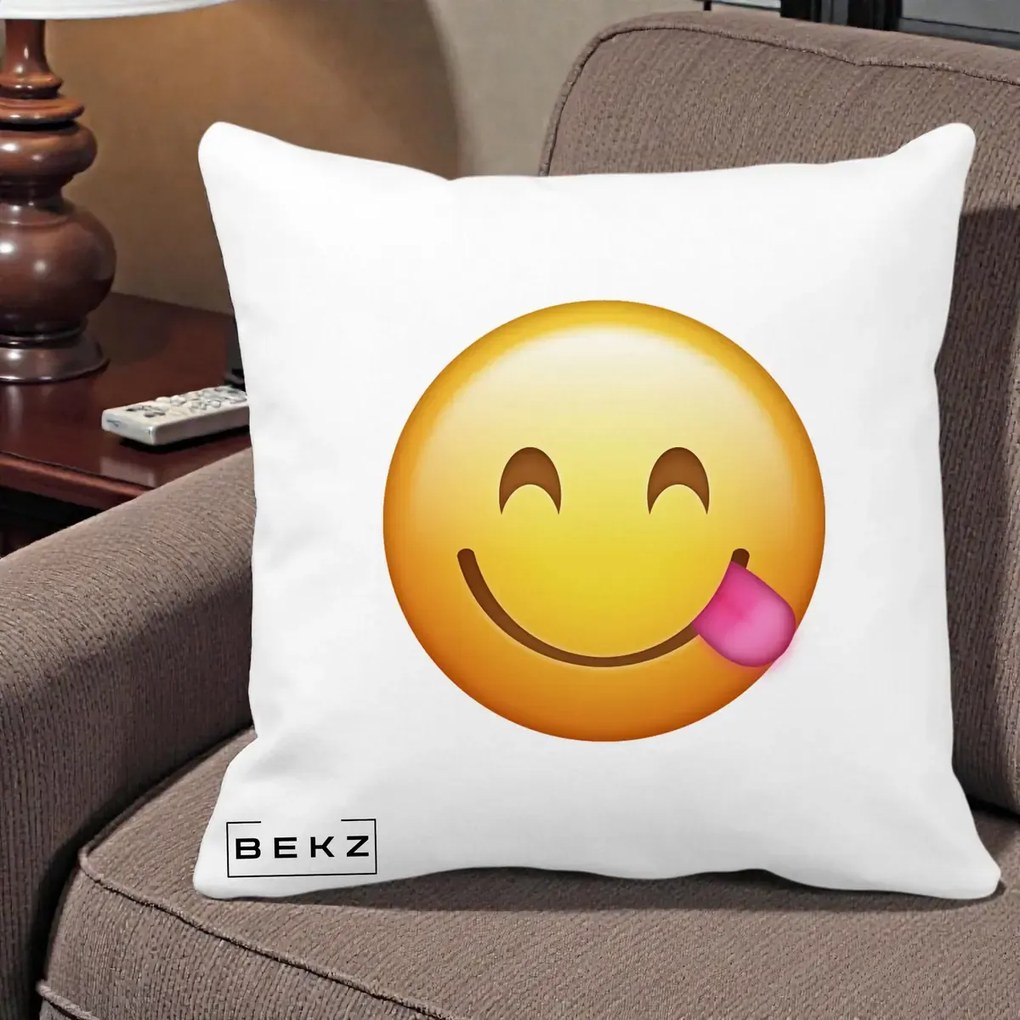 Perna Decorativa Emoji Limba Scoasa, 40x40 cm, Alba Mata, Husa Detasabila, Perna Inclusa, BEKZ®