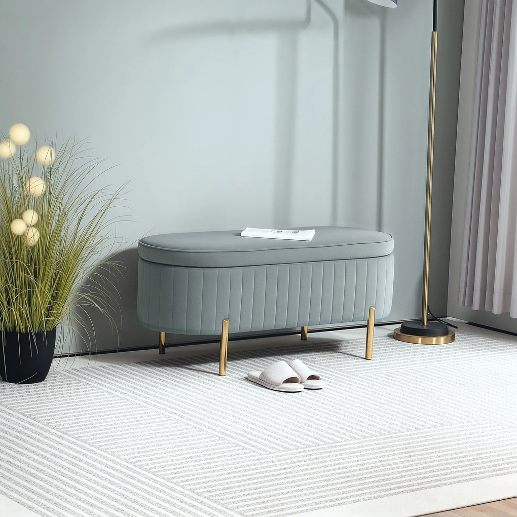 HOMCOM Bancă de Depozitare pentru Intrare Ovală 72L cu Design Scanalat, Capac Ridicabil și Șezut Capitonat, Bancă de la Capătul Patului Pouf în Catifea și Picioare de Lemn de Pin, 108x44x43.5 cm, Gri | Aosom Romania
