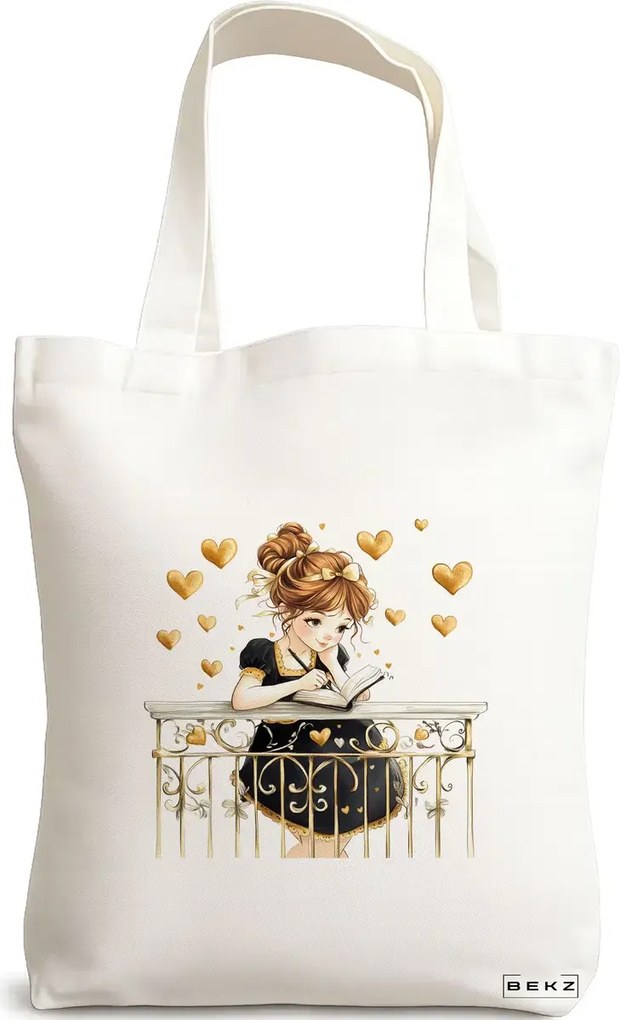 Sacosa de Panza pentru Cumparaturi, Geanta Tote, model The bookie girl 7 38 x 34.5 cm, Alba, BEKZ®