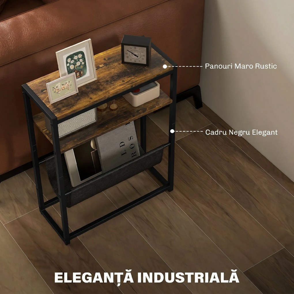 HOMCOM Măsuță De Living Îngustă cu 2 Rafturi, Suport Reviste V, PAL Oțel, 43x18x56 cm, Maro Rustic | Aosom Romania