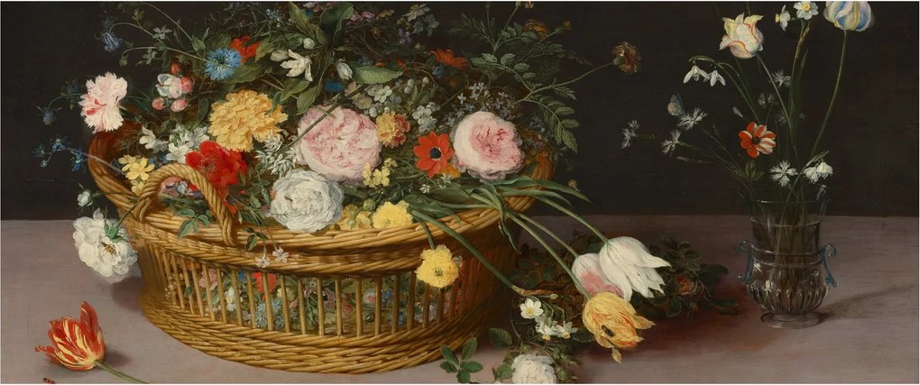 Tablou - Jan Brueghel the Elder, Flowers in a Basket and a Vase, reproducere (120x50 cm)