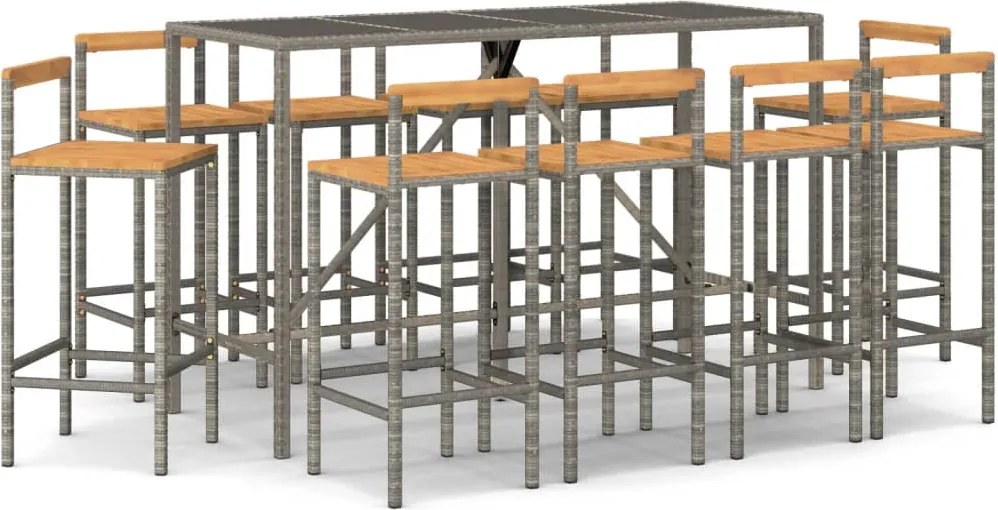 vidaXL Set bar pentru grădină, 11 piese, gri, poliratan/lemn acacia