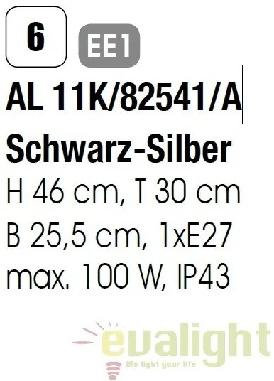 Aplica de perete exterior stil clasic IP43 Hermine AL 11K/82541/A schwarz-silber/abwarts OR