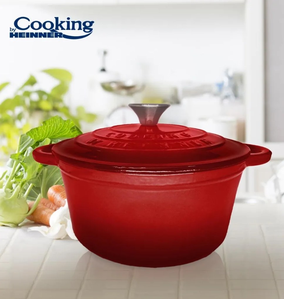 Cratiță din fontă emailată cu capac 22x9.5 cm, 2.9L – Cooking by Heinner, Colecția Red Line HR-KN-C29, păstrează aromele, design elegant