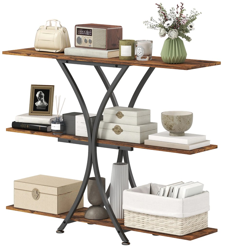 HOMCOM Masă Consolă Masă pentru Canapea cu 2 Polițe Deschise și Cadru Metalic în X Stil Industrial Maro Rustic | Aosom Romania