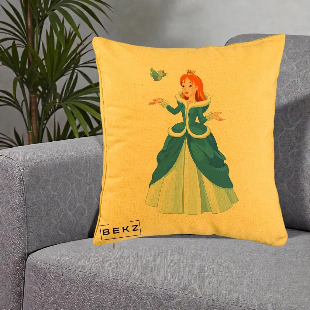 Perna Personalizata Printesa Albastra cu Pasare, 40x40 cm, Galben, Husa Detasabila, Perna Inclusa, BEKZ®