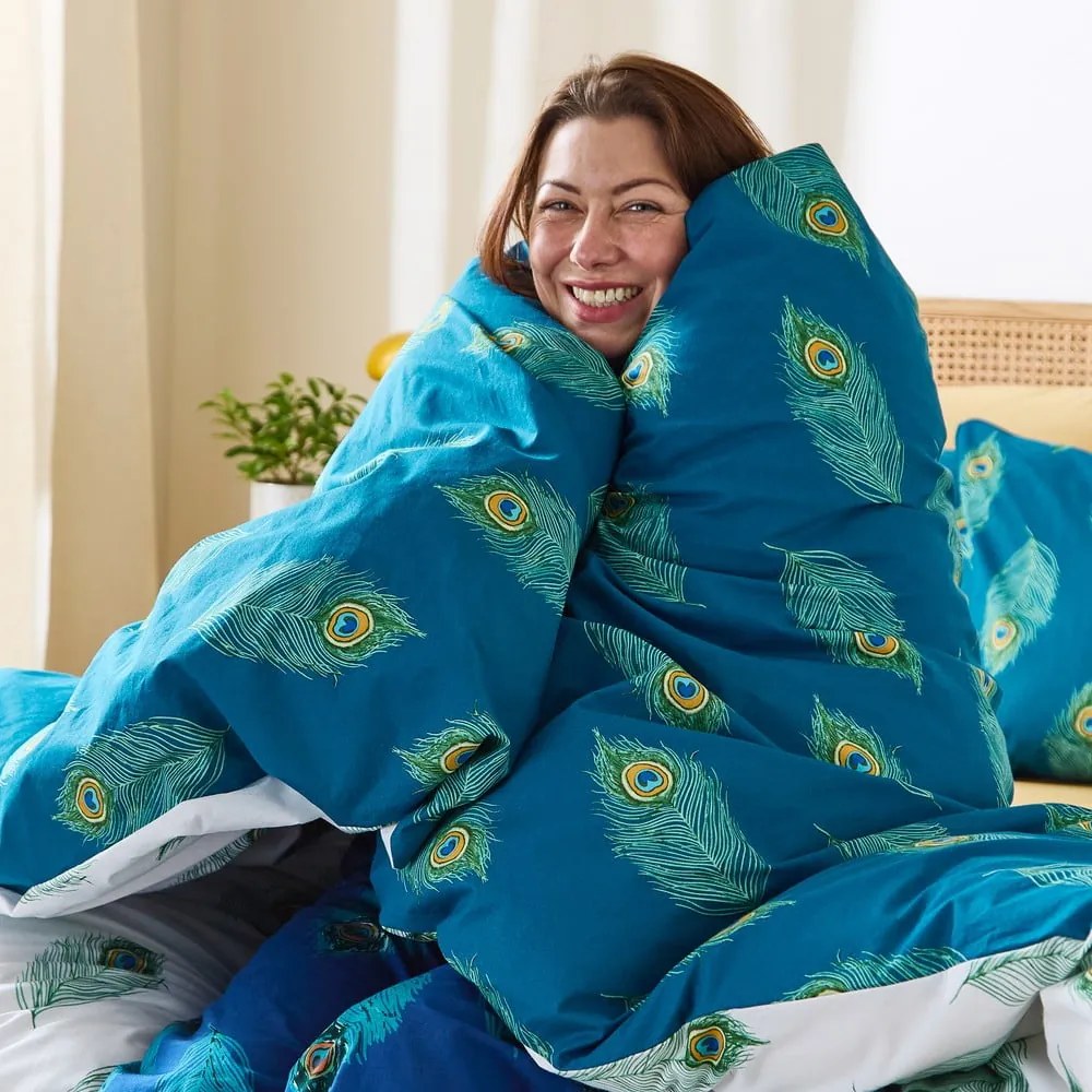Lenjerie de pat albă/albastru-verde din bumbac pentru pat dublu 200x200 cm Peacock Feather – Their Nibs