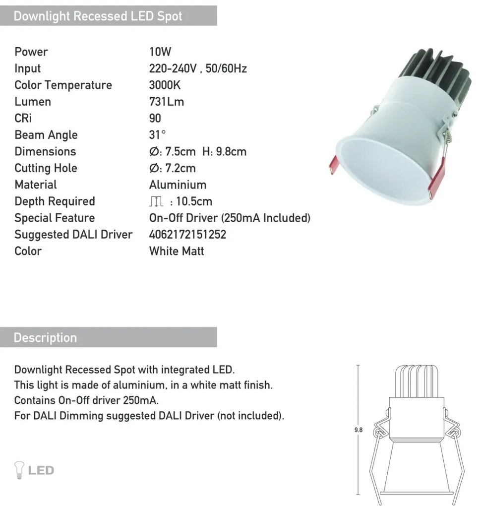 Spot LED incastrabil Trimless alb 10W 3000K