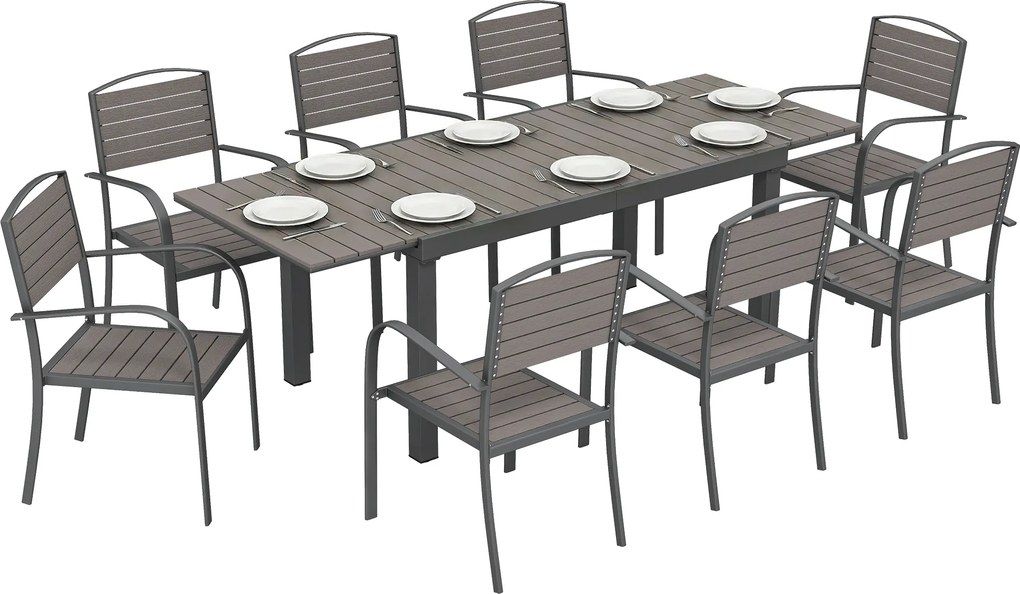 Outsunny Set extensibil pentru luat masa în aer liber 9 piese, masă din aluminiu, 8 scaune, Gri | Aosom Romania