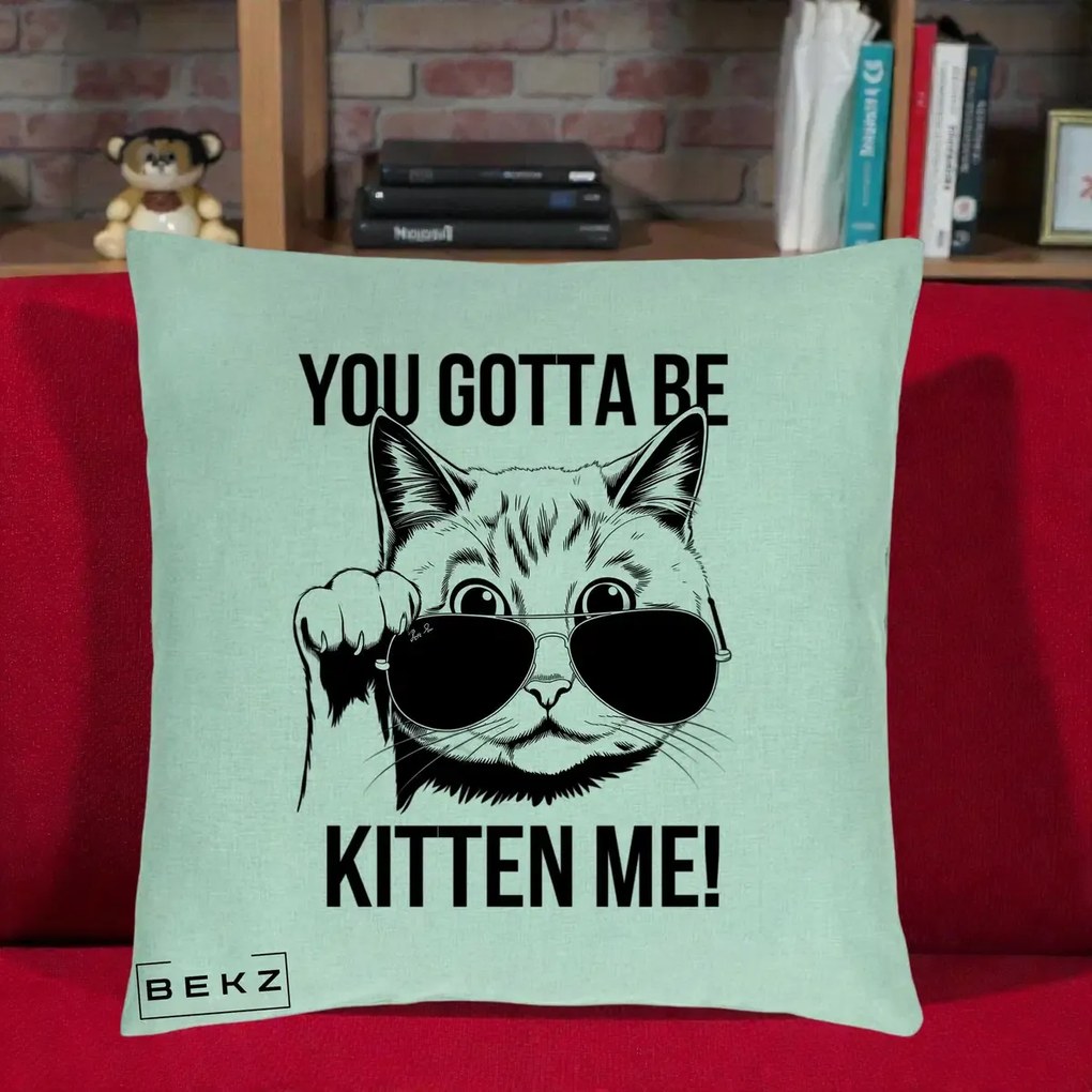 Perna Decorativa You Gotta Be Kitten Me!, 40x40 cm, Verde Menta, Husa Detasabila, Perna Inclusa, BEKZ®
