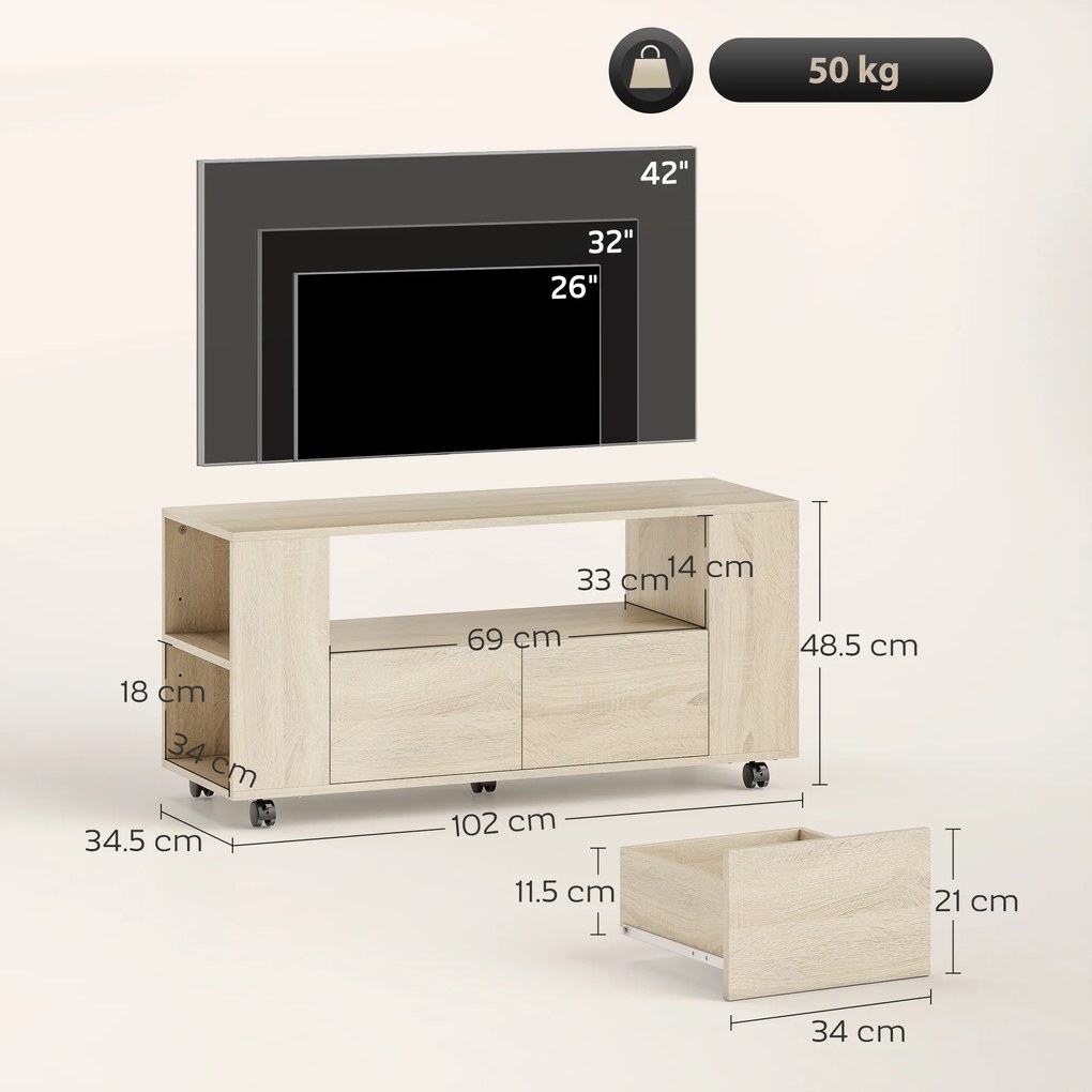HOMCOM Suport pentru TV de 42" cu Roți Pivotante și Frână, Rafturi Ajustabile și Sertare, 102x34.5x48.5 cm, Lemn | Aosom Romania