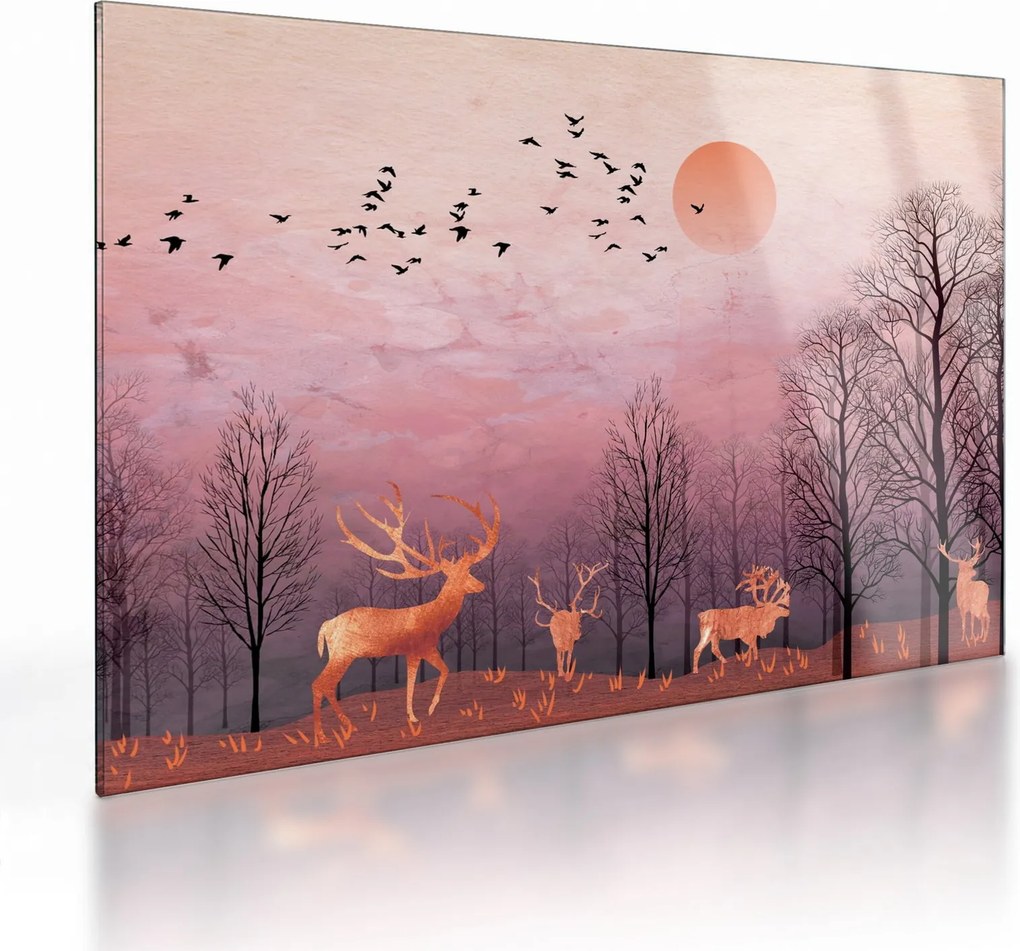 Tablou pe sticlă - Căprioare în strălucirea apusului de soare (70x50 cm)