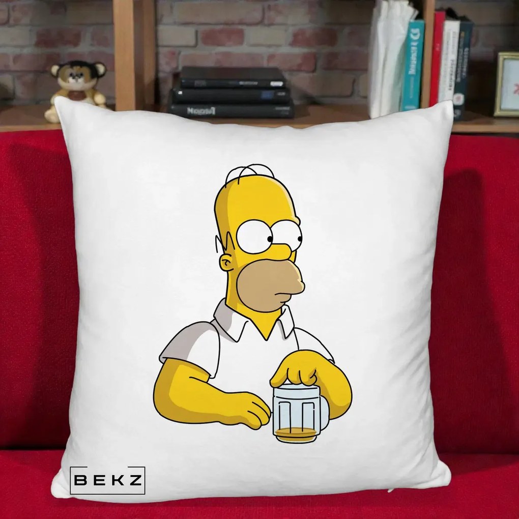 Perna Personalizata Homer Simpson cu Bere, 40x40 cm, Alb Pufos, Husa Detasabila, Perna Inclusa, BEKZ®