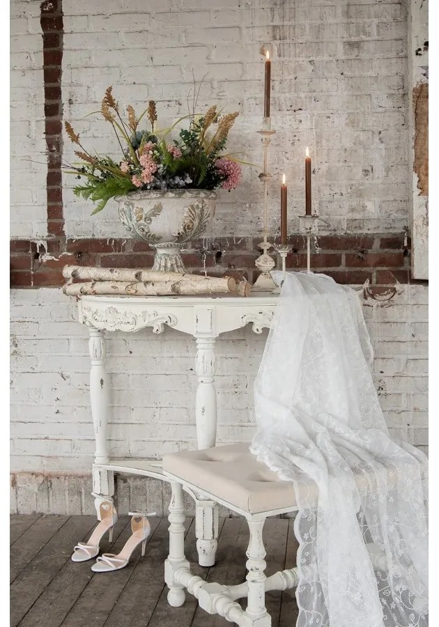 Consolă shabby chic, alb, cu ornamente sculptate în lemn, Agatha
