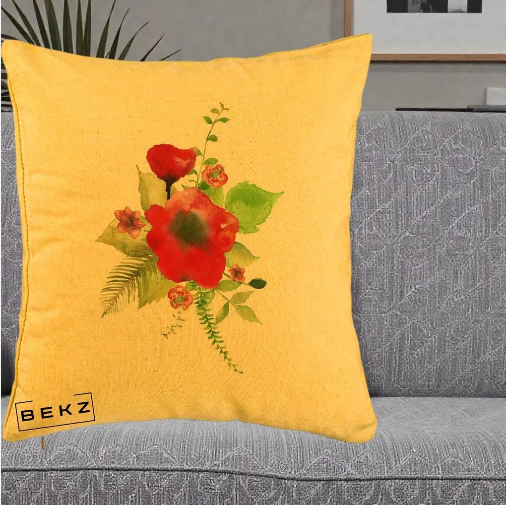 Perna Decorativa Buchet Rosu Acuarela, 40x40 cm, Galben, Husa Detasabila, Perna Inclusa, BEKZ®