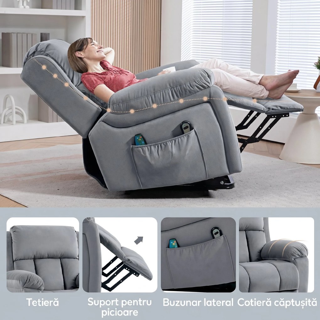 HOMCOM Scaun Electric cu Masaj prin Vibrații și Căldură, Scaun din Piele pentru Vârstnici cu Telecomandă și Buzunar Lateral, 90x95x103 cm, Gri