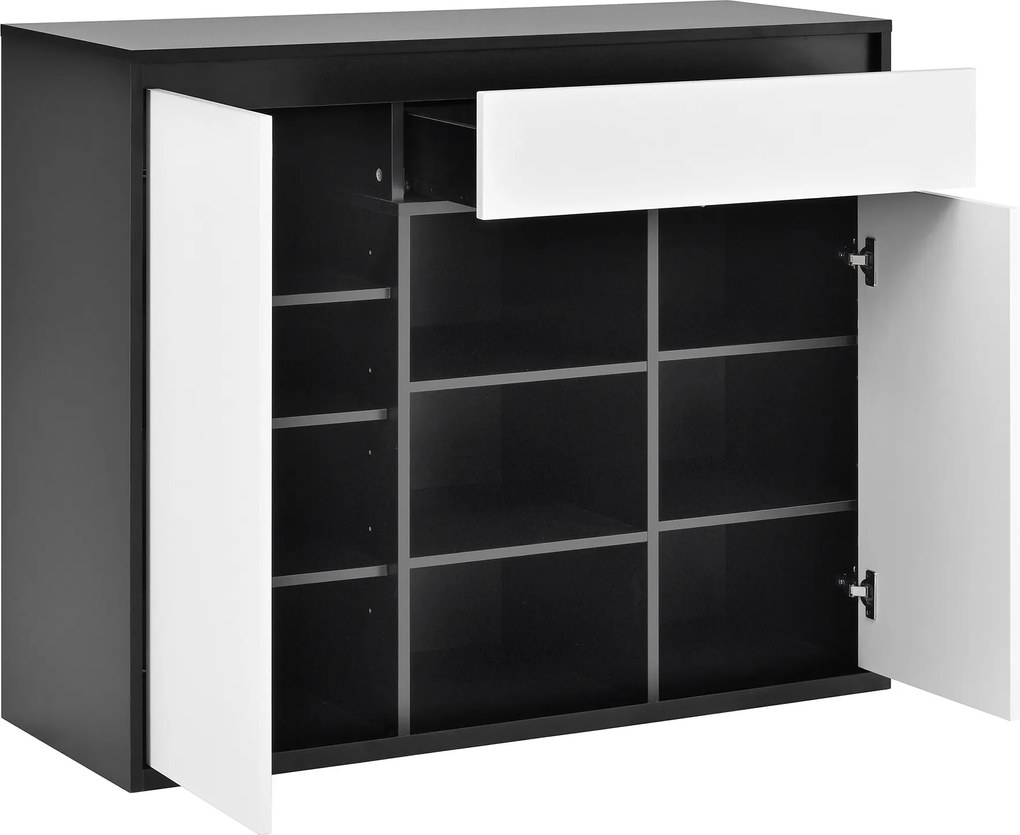 Dulap pentru pantofi cu 2 uși și 1 sertar, cu iluminare LED și raft reglabil pentru încălțăminte, 105x39,5x86 cm, Negru+Alb