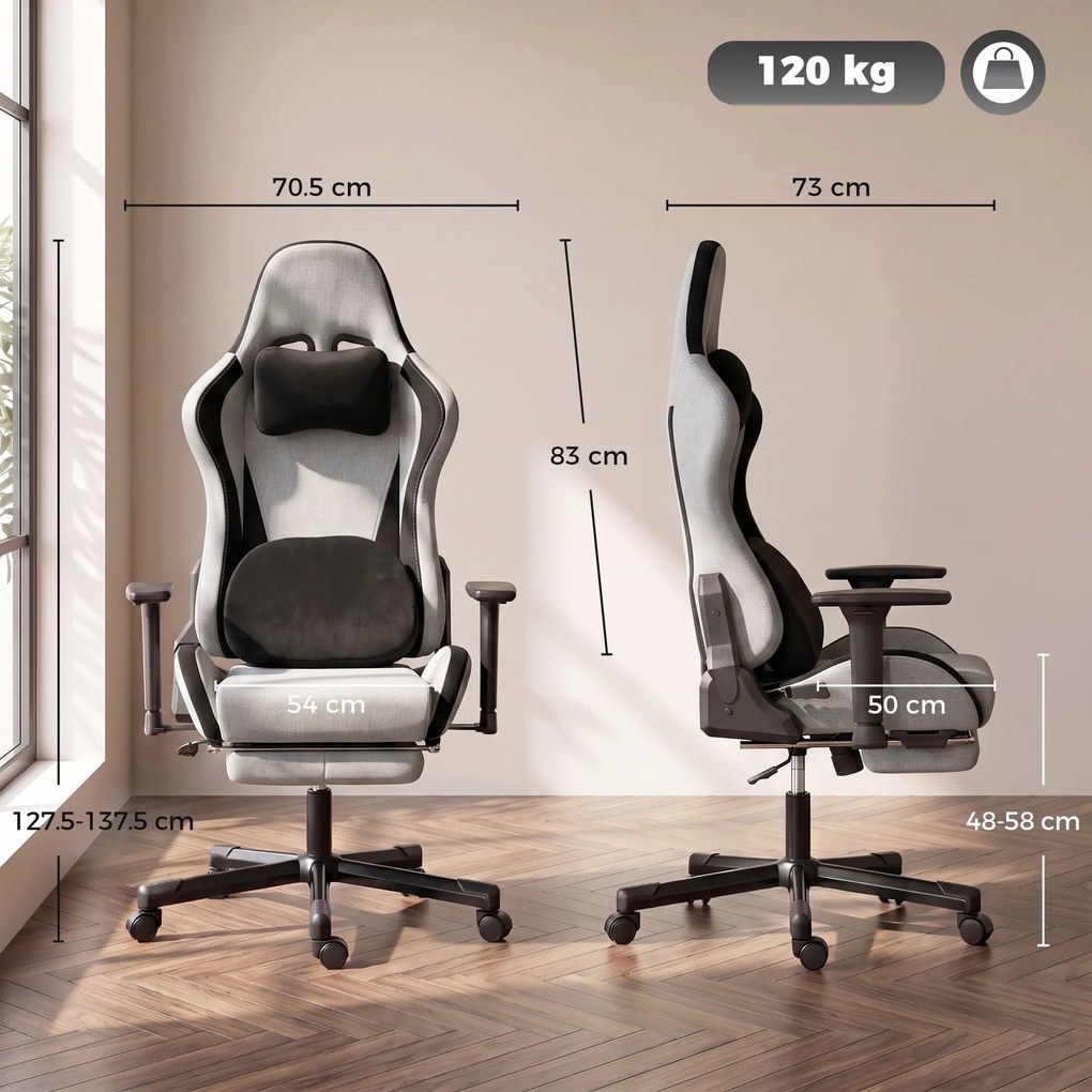 HOMCOM Scaun Gaming Ergonomic cu Masaj încălzit, Suport Picioare, Textil, Gri | Aosom Romania