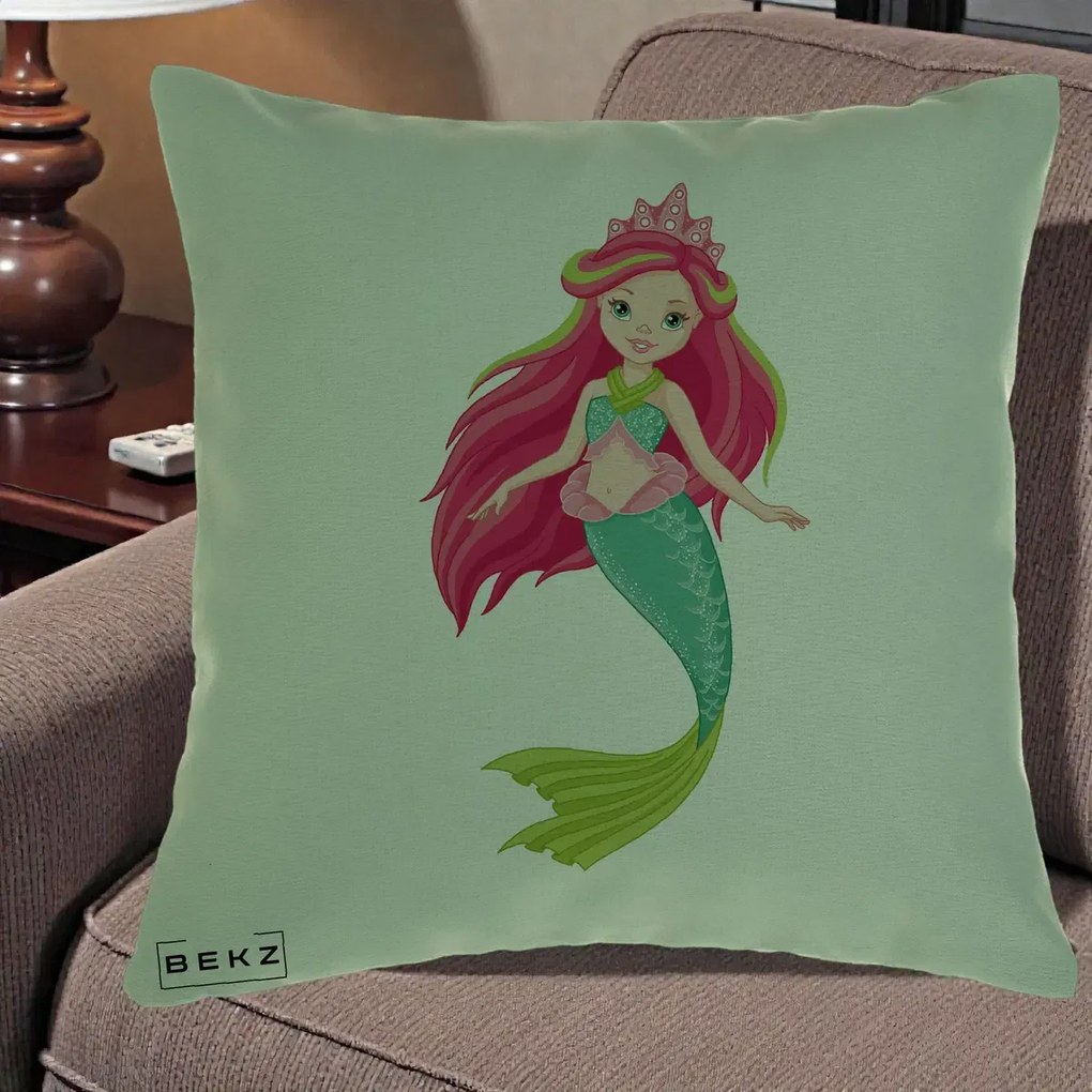 Perna Decorativa Sirena Roz cu Coroana, 40x40 cm, Verde, Husa Detasabila, Perna Inclusa, BEKZ®