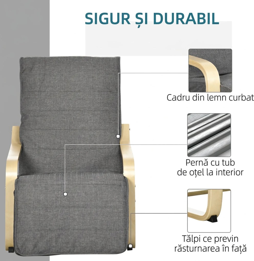 HOMCOM Fotoliu Relax cu Suport picioare pe 5 Niveluri si Tetiera, Fotoliu Ergonomic din Lemn de Mesteacan si Tesut, Gri