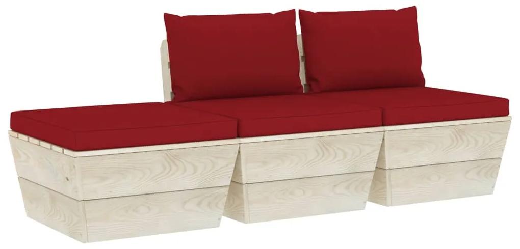 Set mobilier gradina din paleti, 3 piese, cu perne, lemn de molid Bordo, 2x mijloc + suport pentru picioare, 1