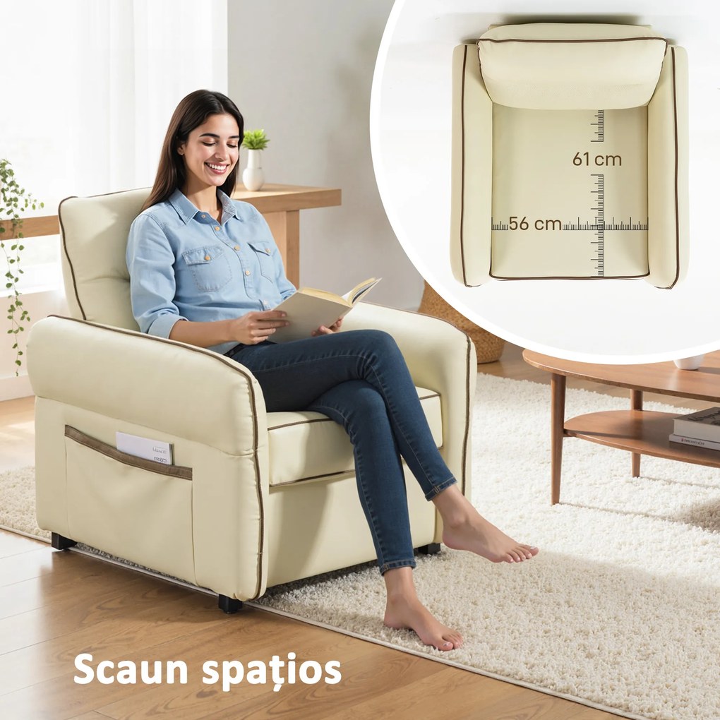 HOMCOM Fotoliu de Living cu Tapițerie Groasă, Șezut Generos, Spumă cu Densitate Mare, Fotoliu pentru Dormitor cu Brațe și Buzunare Laterale, Piele PU pentru Living sau Birou, Bej | Aosom Romania