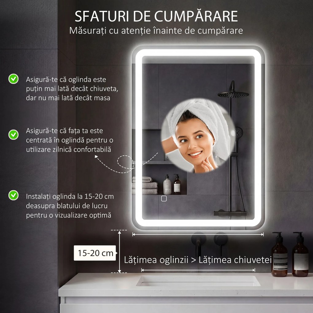 kleankin Oglinda pentru baie cu lumini LED, 70 x 50 cm | Aosom Romania
