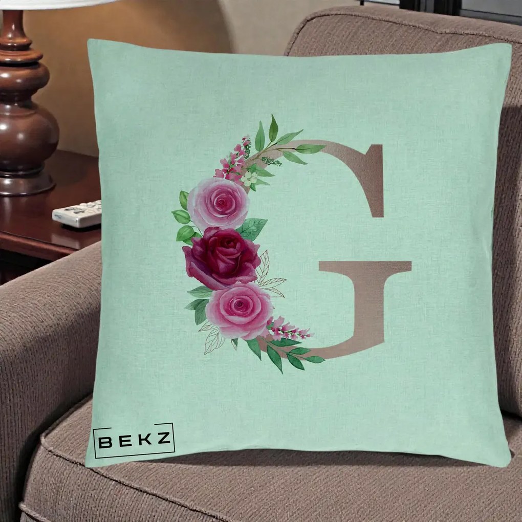 Cadou Personalizat - Perna Personalizata Monograma Rose Gold Litera G, 40x40 cm, Verde Menta, Husa Detasabila, Perna Inclusa, BEKZ®