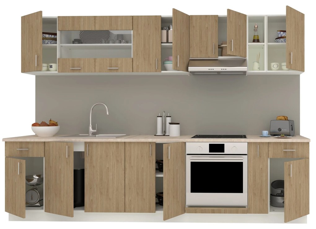 Set Bucatarie Karo V25, Lemn Natural/Alb, Blat Thermo 28 mm, L 300 cm