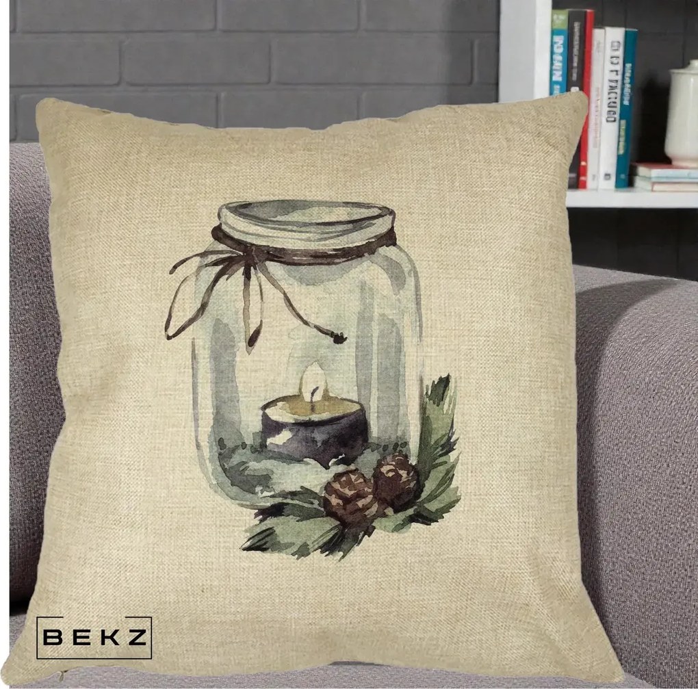 Perna Decorativa Felinar cu Lumanare si Conuri, 40x40 cm, Crem, Husa Detasabila, Perna Inclusa, BEKZ®