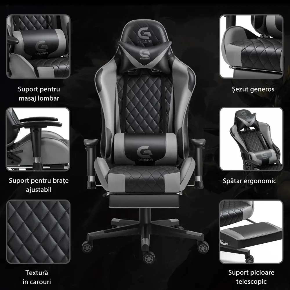 RESIGILAT- Scaun gaming cu masaj în perna lombară, sezut benzi elastice sustinere, suport picioare, funcție sezlong, SIG 5020, Negru/Gri