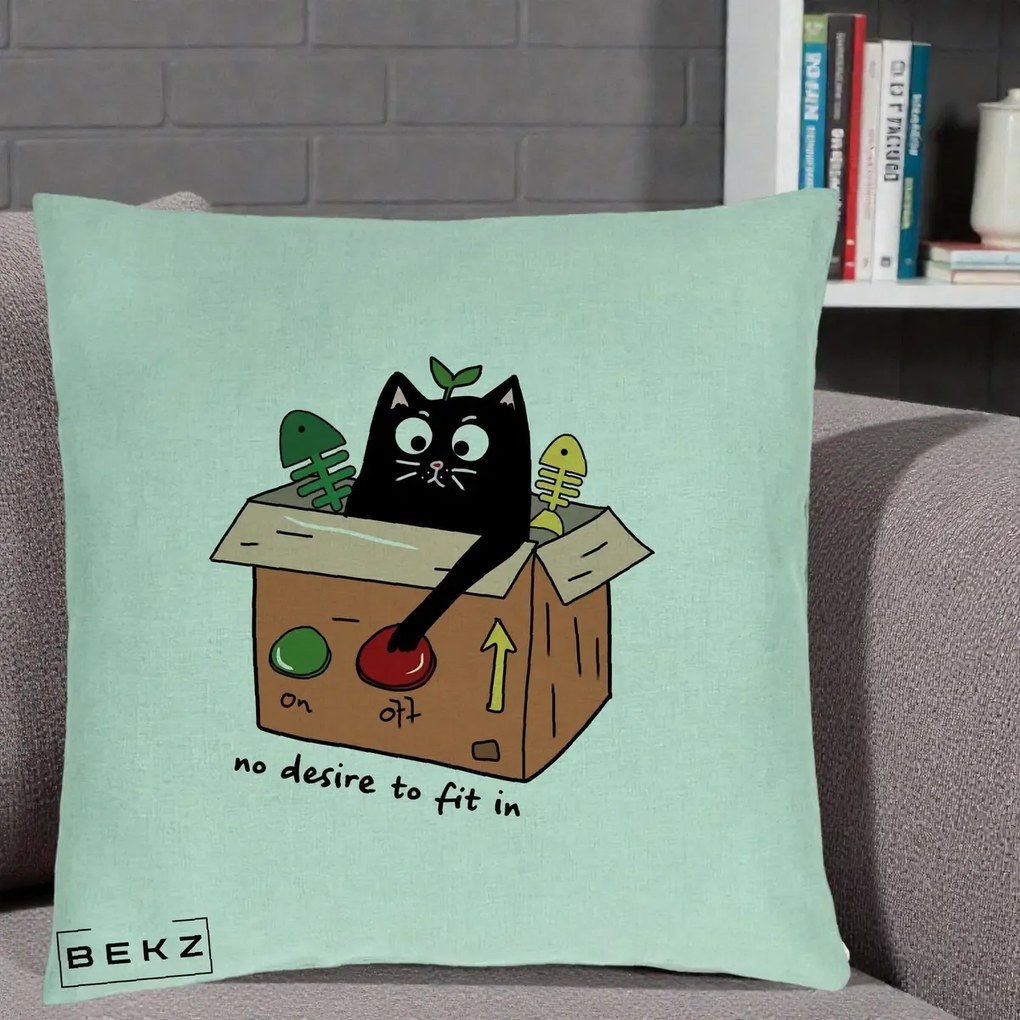Perna Decorativa Pisica in Cutie No Desire to Fit In, 40x40 cm, Verde Menta, Husa Detasabila, Perna Inclusa, BEKZ®