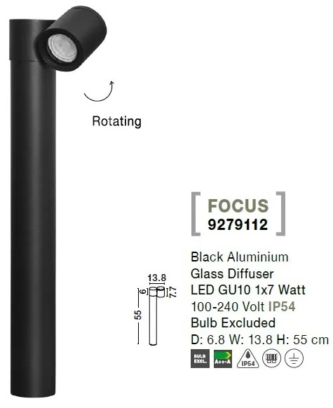 Stalp cu spot orientabil pentru iluminat exterior IP54 FOCUS H-55CM