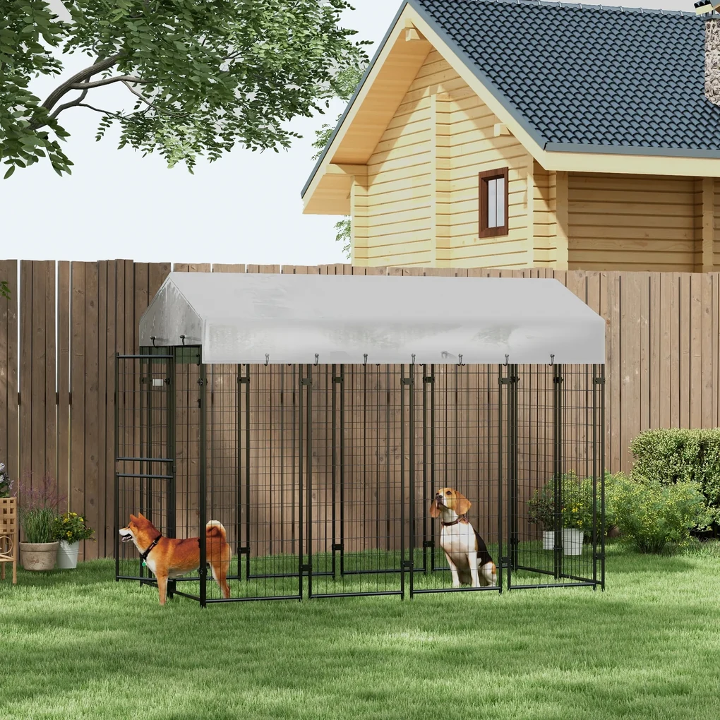 PawHut Cotet Exterior pentru Caini Mari, Tarc cu Copertina Impermeabila și Ușă, 239x121x183cm, Argintiu | Aosom Romania