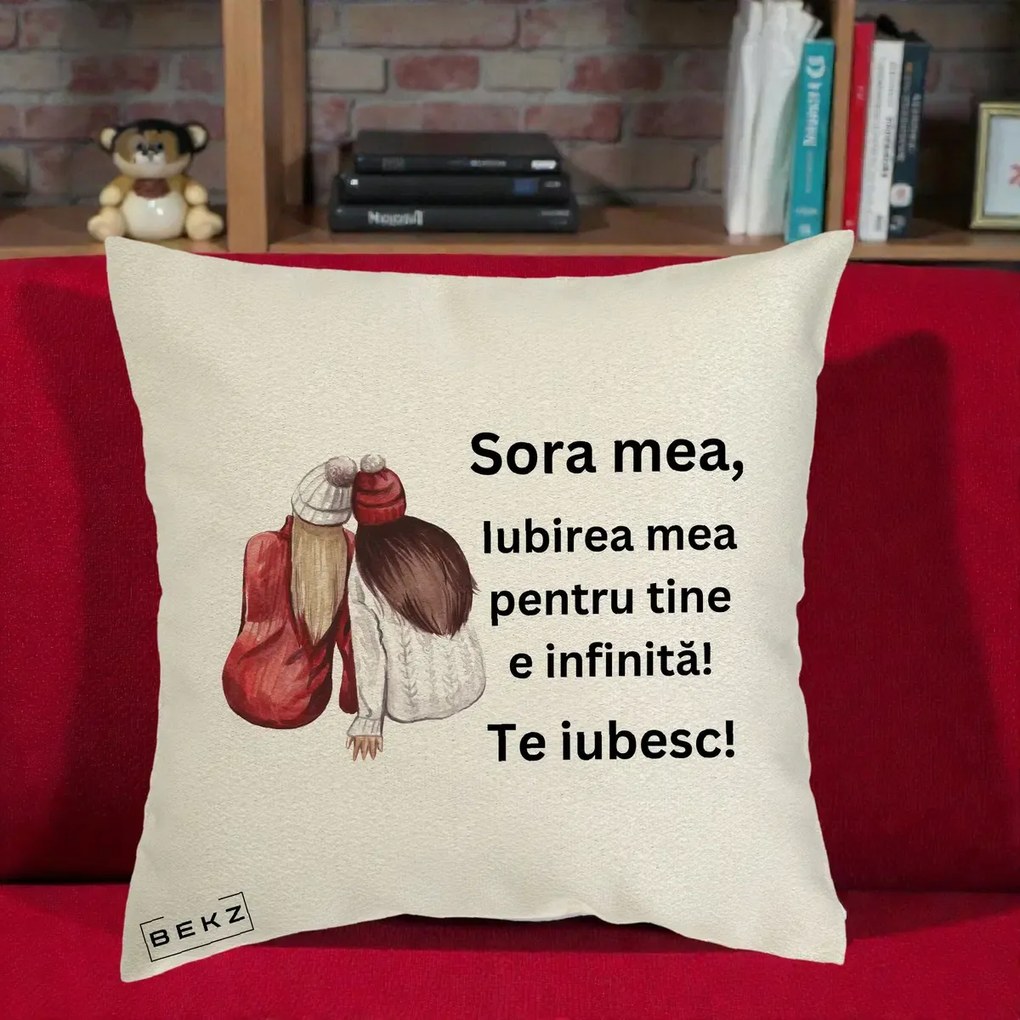 Cadou pentru Sora - Perna Personalizata Sora Mea Te Iubesc Doua Fete Iarna Acuarela, 40x40 cm, Ecru, Husa Detasabila, Perna Inclusa, BEKZ®