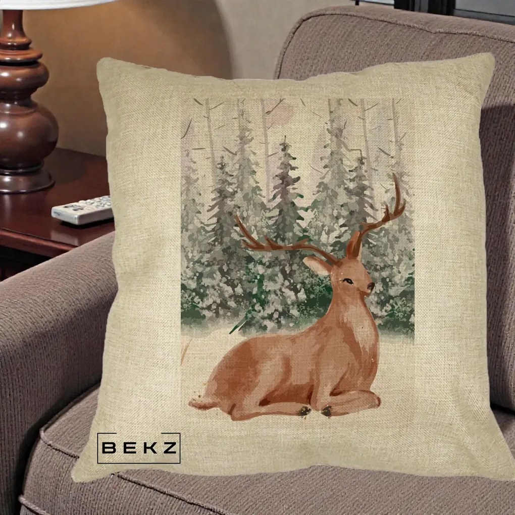 Perna Decorativa Ren in Padure Roz Moale, 40x40 cm, Crem, Husa Detasabila, Perna Inclusa, BEKZ®