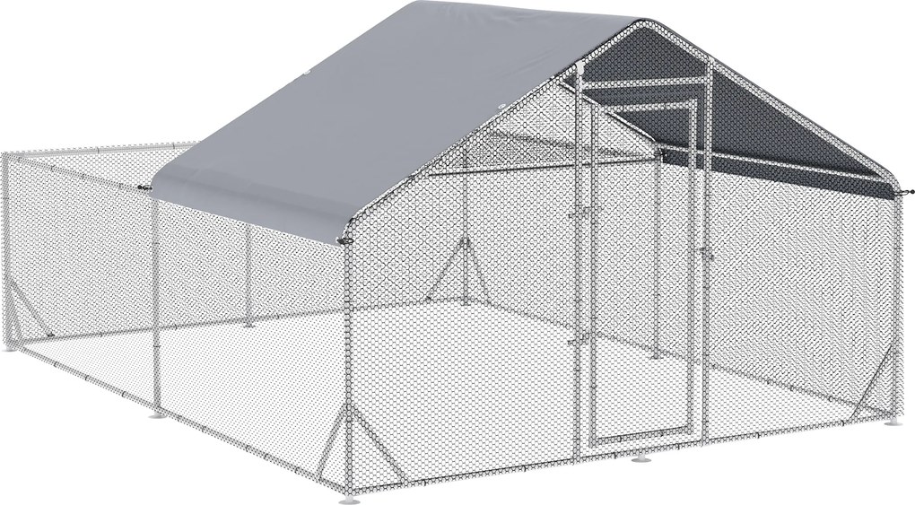 PawHut Grajd pentru pui cu excrocodil volieră exterior 12 m² - parc cu plasă dim. 4L x 3l x 2H m - spațiu acoperit - oțel galvanizat | Aosom Romania