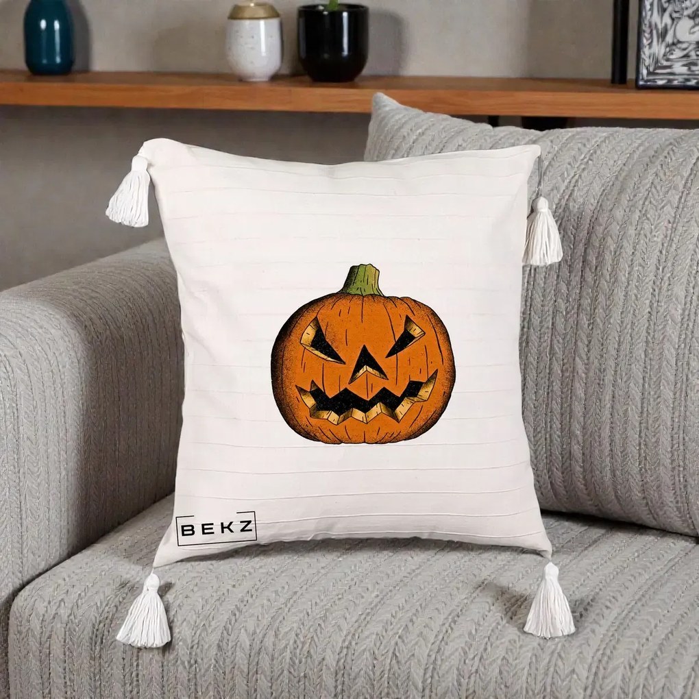 Perna Decorativa Halloween Dovleac Portocaliu Clasic, 40x40 cm, Bej cu Franjuri, Husa Detasabila, Perna Inclusa, BEKZ®