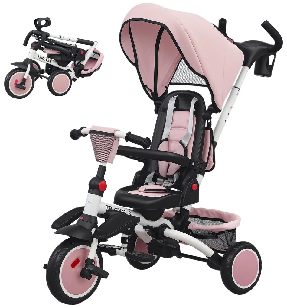 AIYAPLAY Triciclu bebeluș evolutiv 6 în 1, triciclu copii pliabil cu mânere părintești reglabile, șezut pivotant 360°, roz | Aosom Romania