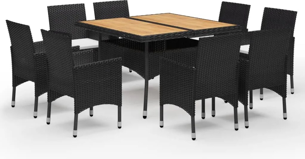 vidaXL Set mobilier grădină, 9 piese, negru, poliratan și lemn acacia