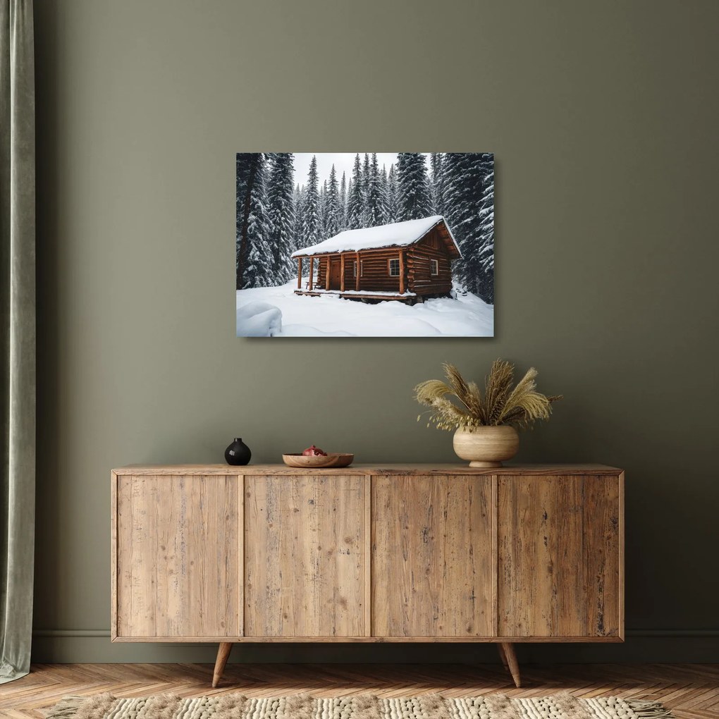 Tablou pe sticlă - Cabană acoperită de zăpadă (70x50 cm)
